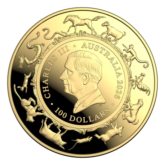 2026年 オーストラリア旧暦干支シリーズ — 午年（馬年） .9999 純金製アーチ、型プルーフ金貨 1オンス